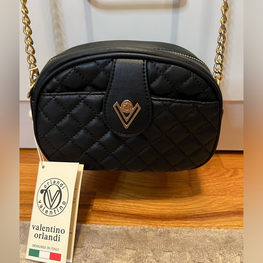 Valentino Orlandi Black Quilted Crossbody Bag with Gold Chain